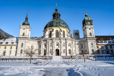 Ettal Abbey, baroque Benedictine abbey, inner courtyard with snow in winter, Ettal, Upper Bavaria,