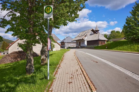 Bernau Unterlehen bus stop and the Unterlehen chapel in Bernau im Schwarzwald, Black Forest,