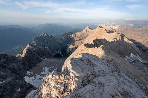 Impressive rocky mountain landscape in the evening light, steep mountain ridge, Jubiläumsgrat with
