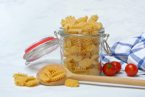 Italian pasta in glass containers, Radiatori variety