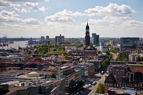 City view from above with the harbour and the main church St. Michaelis, called Michel, Hamburg,