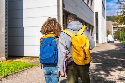 Rear view of two multi-ethnic students walking along the university campus
