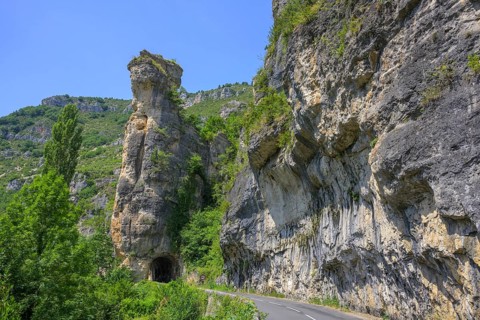 Tunnel through rock tower, road through the Tarn Gorge, Gorges du Tarn Causses, Département Lozère,