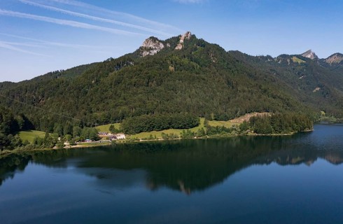 Drone image, Schwarzensee in the Schafberg massif near Sankt Wolfgang, Osterhorn group,