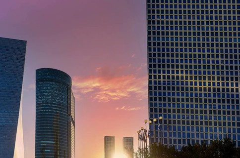 Israel, Tel Aviv financial business district skyline includes shopping malls and high tech offices
