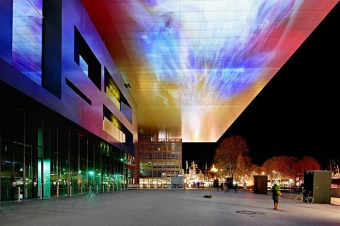 Art and Congress Centre, KKL, light installation at dusk, Lilu, Light Festival 2023, Lucerne,