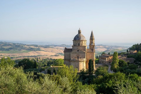 Typical Tuscan landscape, San Biagio Renaissance Church in autumn, architect Antonio da Sangallo,