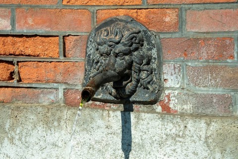 Fountain in the shape of a lion's head. Esteil village. Livradois-Forez Regional Nature Park. Puy