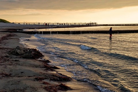 Baltic Sea beach, Baltic Sea coast with the Wustrow pier, evening mood, Baltic seaside resort