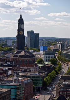 City view from above with the main church St Michaelis, called Michel, and the Dancing Towers,