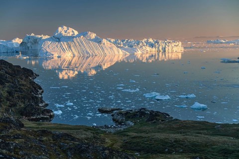 Icebergs and ice floes reflected in the water, summer, midnight sun, Jakobshavn glacier and ice