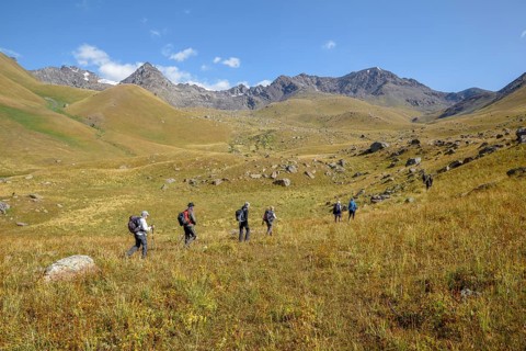 Hikers in the West Karakol Valley, Tien Shan Mountains, Naryn region, Kyrgyzstan