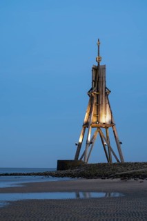 Illuminated Kugelbake, landmark, blue hour, low tide, North Sea, Lower Saxony Wadden Sea National