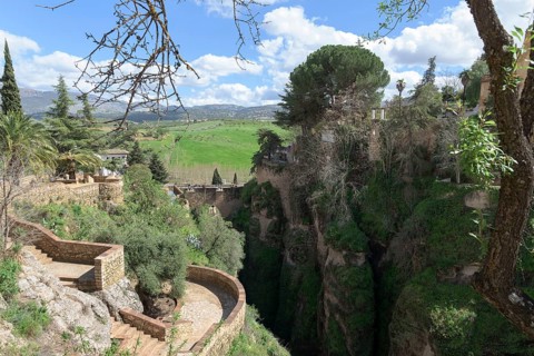 View of the Puente Viejo, Old Bridge and Mirador De Cuenca, Ronda, Malaga, Spain