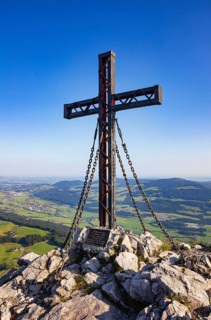 Summit cross on the Schober with view to Thalgau, Osterhorn group, Salzkammergut, Salzburg