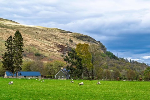 Farm and mountains, Loch Earn, Southern Highlands, Scotland, United Kingdom