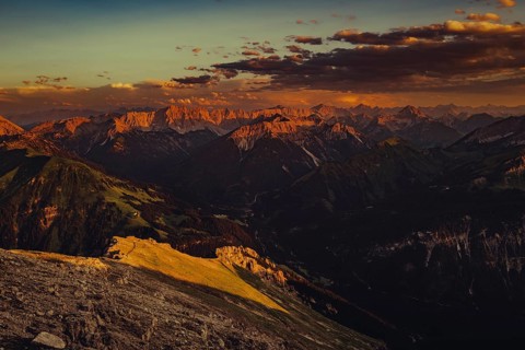 Thaneller summit at sunset in the Lechtal valley in Tyrol with a wonderful view of the surrounding