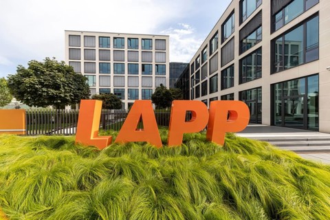 Company headquarters of LAPP Kabel, logo in front of the company headquarters, connection