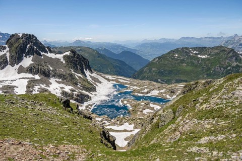 View of mountain lake Lac Cornu, mountain landscape, Aiguilles Rouges, Chamonix-Mont-Blanc,