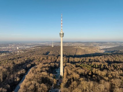 Aerial view of the 216.6 metre high Stuttgart television tower, observation tower, restaurant,