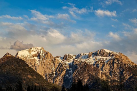 Hoher Göll and hohes Brett in the evening light, clouds in the sky, Schönau am Königssee,