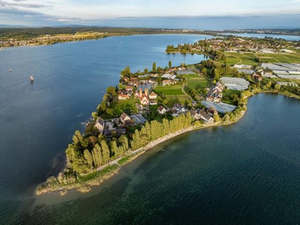 Aerial view, of the north-western tip of the island of Reichenau in Lake Constance, with the