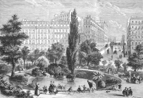 The Square Montholon and the Pont de la rue Vellefond in Paris, 1869, France, Historic, digitally