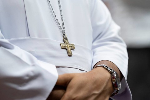 Priest offer ceremonial tribute in honour of Pope Francis in Guwahati, Assam, India on April 26,