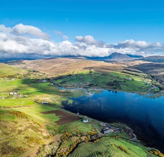 Panorama of Farms and Moors over Loch Harport from a drone, Drynoch, Isle of Skye, Highlands,