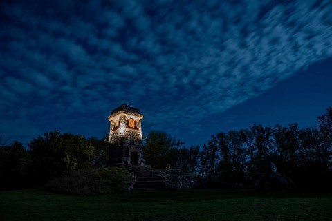 Illuminated Bismarck Tower, Großer Wartberg, cloudy sky, Niederndodeleben, Hohe Börde,