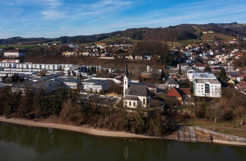 Drone image, housing estate, apartment blocks and high-rise estate, Puchenau, Linz Land district,