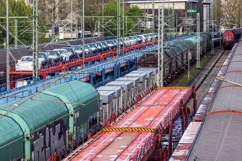 Sindelfingen railway station. Goods trains parked on the tracks. Automotive RailNet. Car transport
