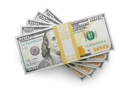 Fifty thousand dollars stack of one hundred dollar bills isolated on a white background