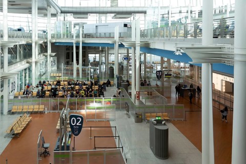 Modern architecture inside Aeroporto Francisco Sa Carneiro, Porto airport, Portugal