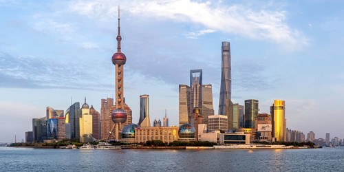 Shanghai skyline at the Bund with Oriental Pearl Tower city centre Downtown Pudong Panorama in