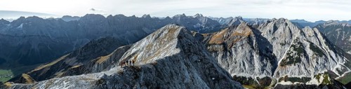 Hikers on the Gamsjoch, aerial view, Alpine panorama of the Gamsjoch group, Eng valley, Karvendel,