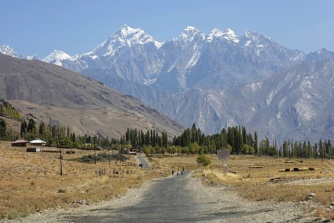 Snow covered mountain peaks of the Pamir Mountains, Pamirs and the Pamir Highway, M41 in the