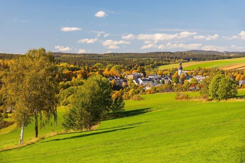 Town view with town church in autumn, in the background the Spiegelwald with the