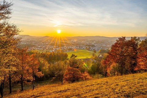 View over the city of Neumarkt from Wolfstein castle ruins at sunset in autumn, Neumarkt in der
