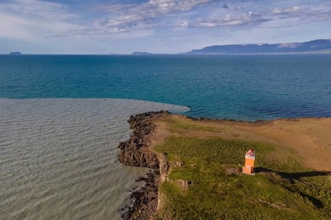 Drone picture, aerial view, lighthouse Hegranesviti, Hegranes, peninsula Landsendi, in the