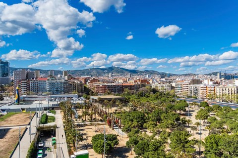 View of the Miró Park with the sculptureWoman and Bird, Dona i Ocell, by Joan Miró in Barcelona,
