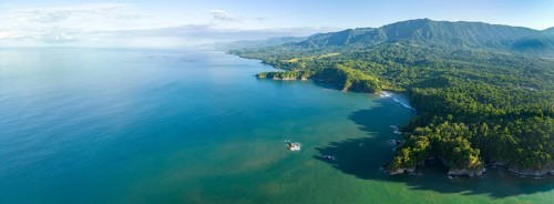 Aerial view, ocean and coast with rainforest, Playa Ventanas, Puntarenas province, Costa Rica