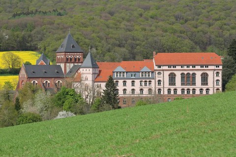 View of mission house church built in 1905, landscape, forest, rape field, mission house,
