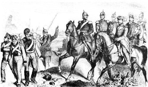 General von Wrangel on horseback in the town of Schleswig, horsemen, soldiers, weapons, rifles,