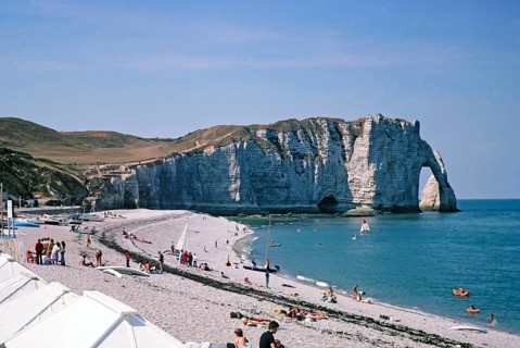 Chalk cliffs and sandy beach view to Falaise d'Aval, Etretat beach, Normandy, France 1976
