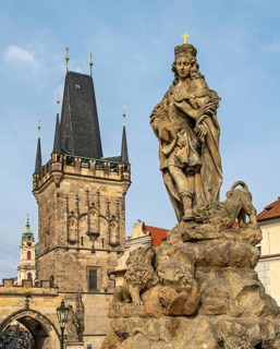 Statue of Vitus with Malá Strana Bridge Tower, Charles Bridge, Prague - Praha, Czech Republic