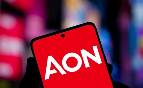 Aon logo is displayed on smartphone. Aon plc is a British-American professional services.