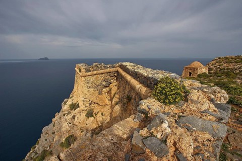 Venetian sea fortress Gramvoussa, morning light, cloudy sky, fortress walls, Pontikos Island,