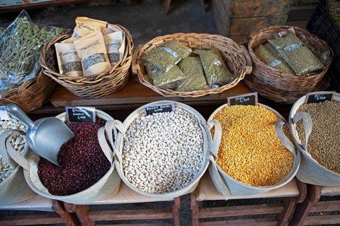Pulses for sale in the mountain village of Vytina, highlands of Arcadia, Peloponnese, Greece