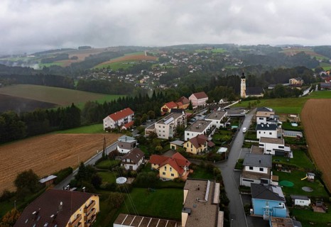 Drone image, residential buildings, view of village with church, Brunnenthal, Innviertel, Upper